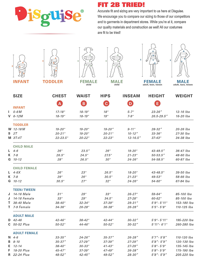 Disney Costume Size Chart