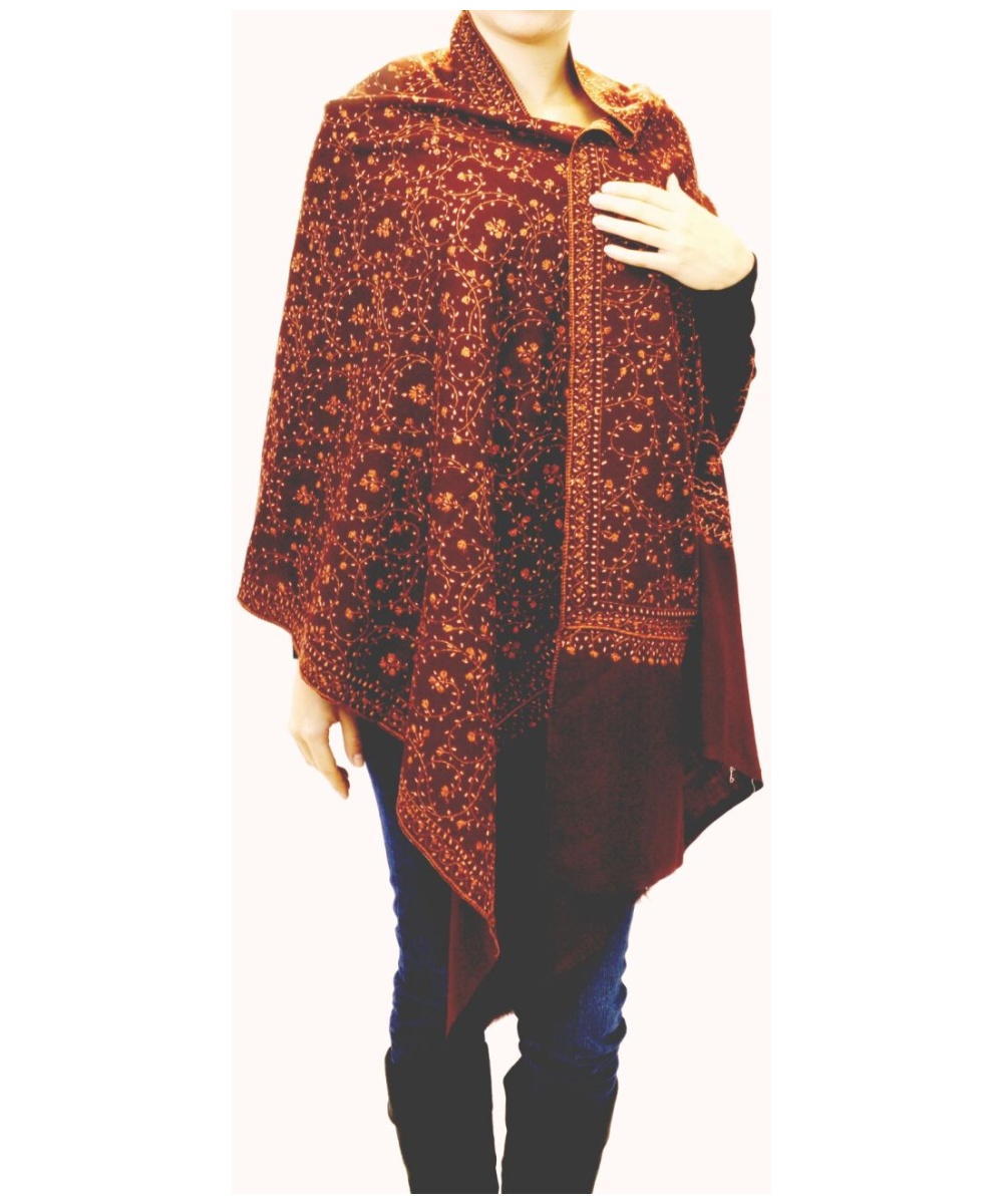 Authentic Burgundy Hand Embroidered Women's Cashmere Shawl Stole Wrap Scarf Pashmina Made In India