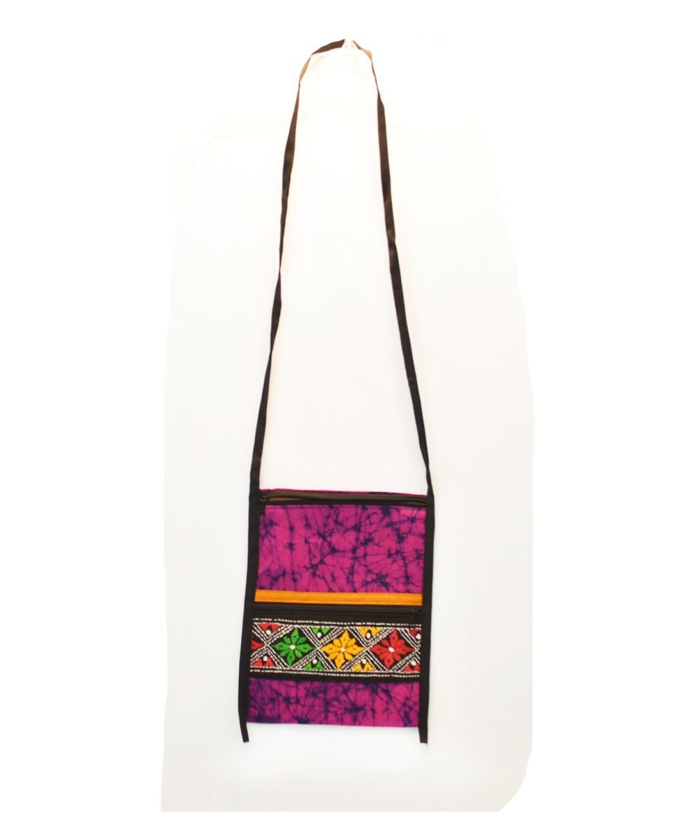 Women's Magenta And Black Tie Dye Bag With Colorful Embroidery
