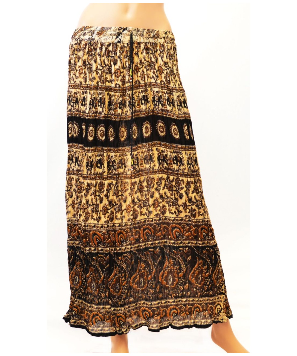 Ladies Crinkle Long Brown Skirt With Traditional Print