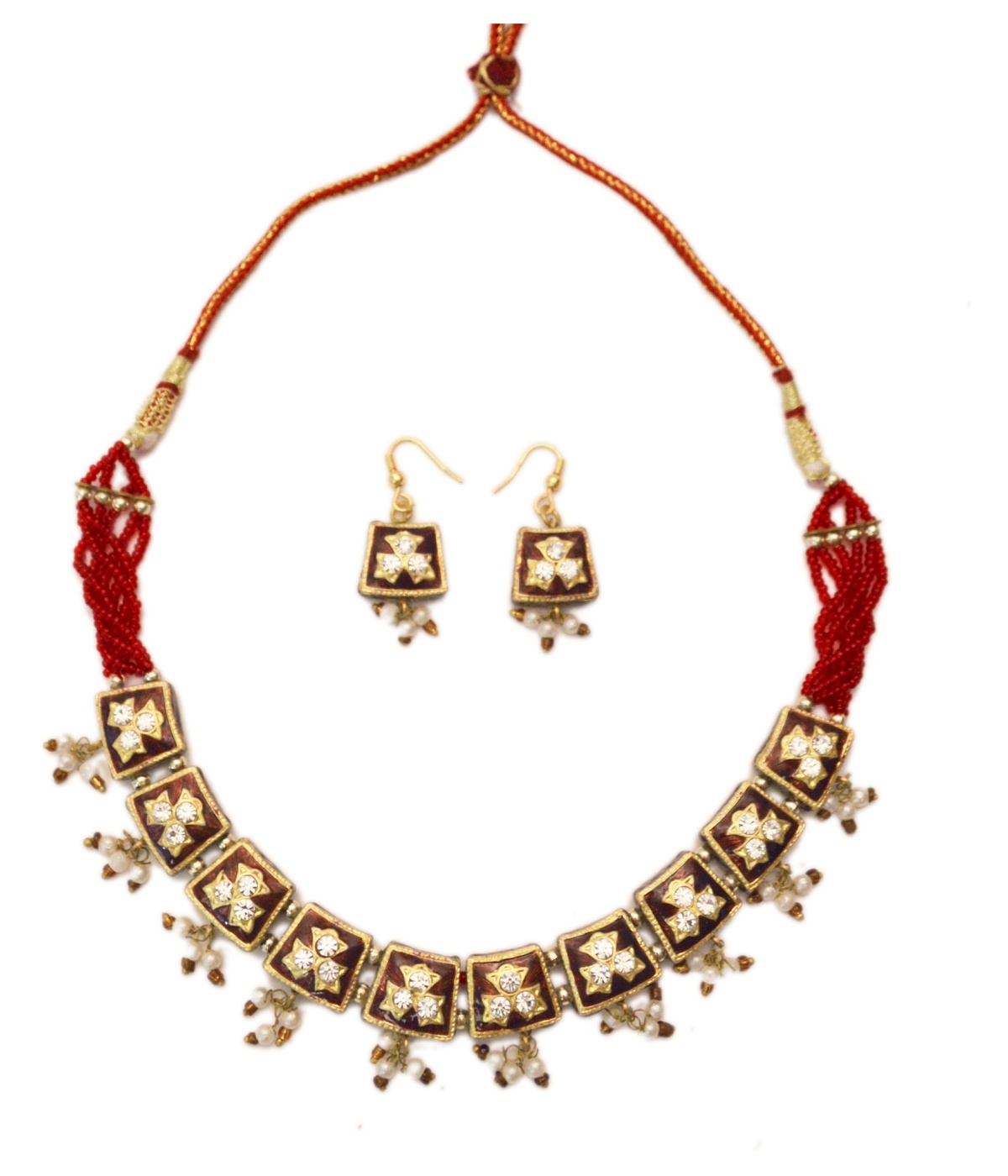 Indian Jaipuri Red and White Lacquer Jewelry Set Accessories