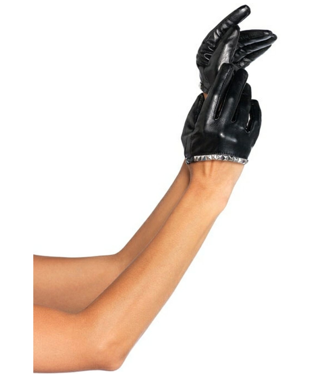  Faux Leather Studded Cropped Gloves