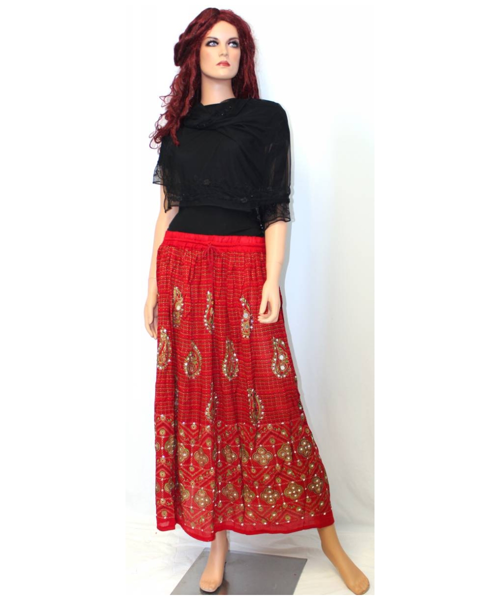 Red Bohemian Peasant Long Skirt