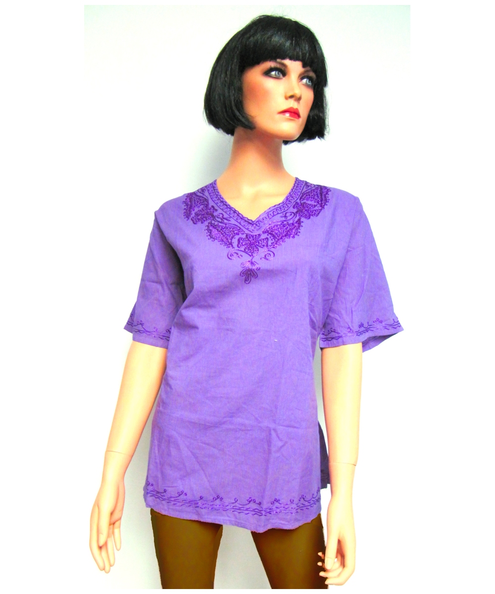 Short Sleeve Embroidered Bib Kurta Short Cotton Tunic