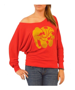 Ladies Bella Off-shoulder Long Sleeve Red Shirt With Golden Elephant Design
