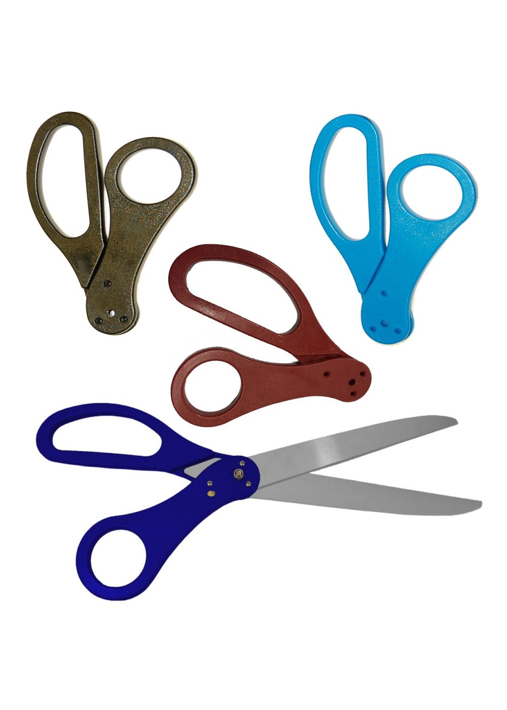 25 Inch Blue Ribbon Cutting Scissors With Red, Black And Light Blue Handles