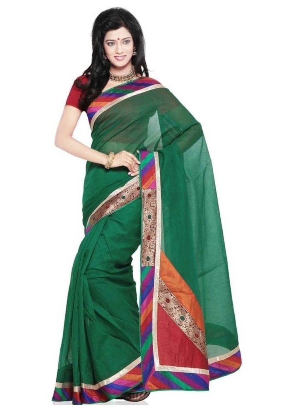 Colorful Ethnic Design Cotton Saree And Blouse Fabric