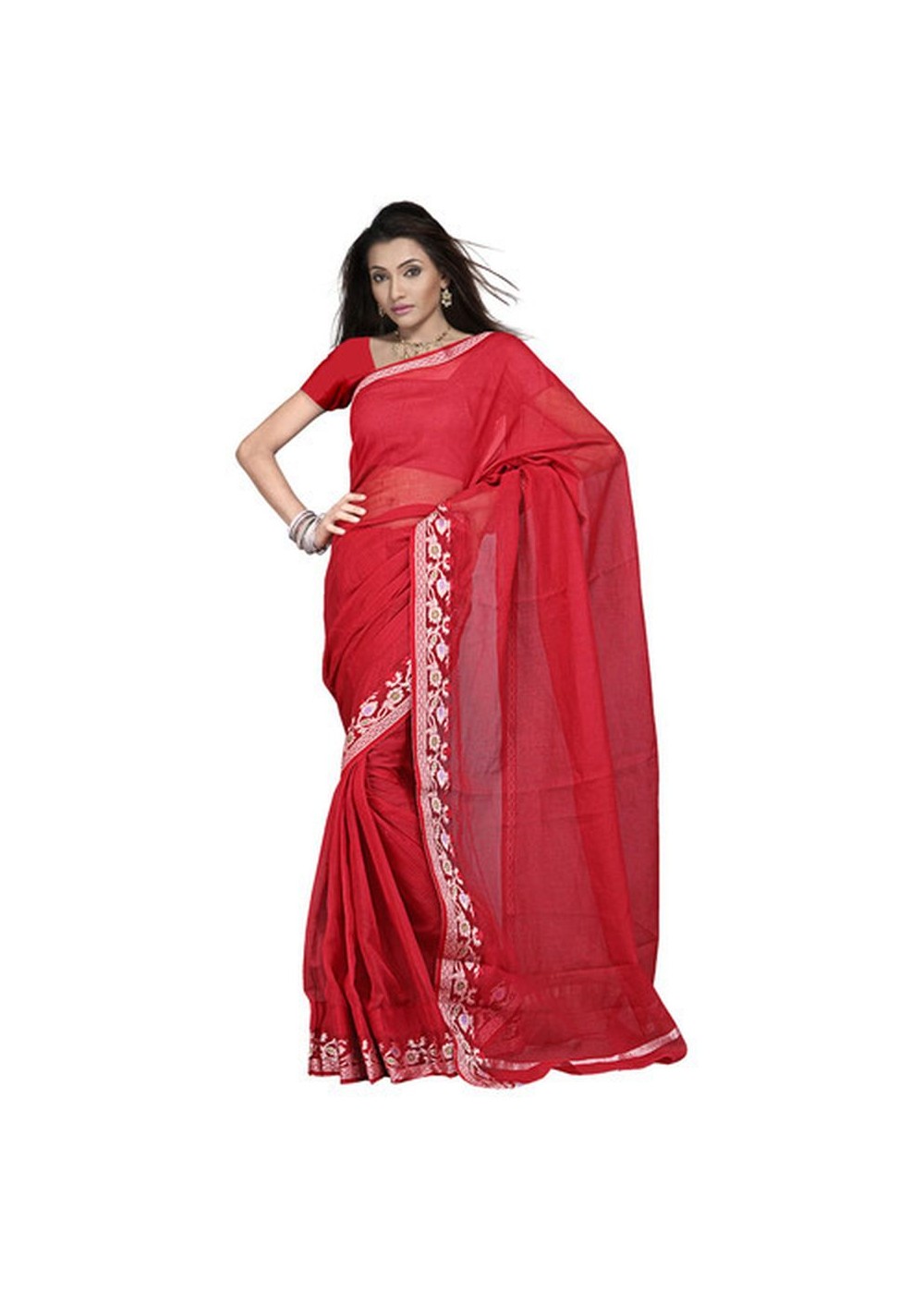 Kota Doria Cotton Red Saree With Blouse Fabric