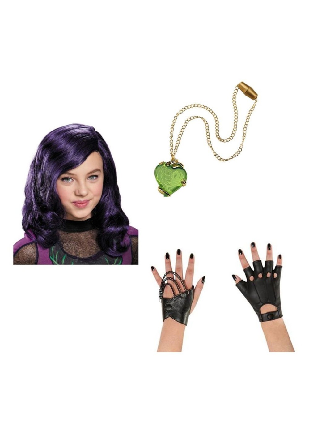 Kids Descendants Mal Wig Gloves And Necklace Girls Accessory Set