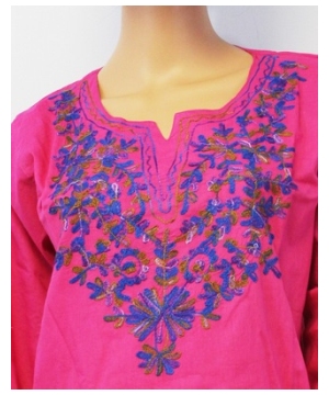 Tri-colored Embroidered Bib Kurta Woman Shirt Cotton Tunic - Long Tunic