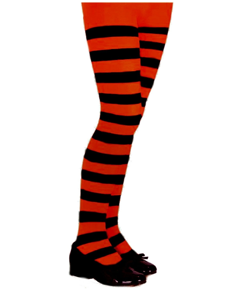 Kids Orange And Black Striped Girls Tights