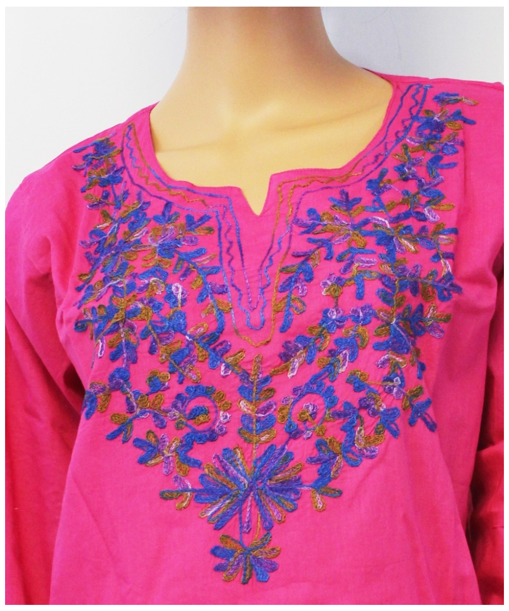 Tri-colored Embroidered Bib Kurta Woman Shirt Cotton Tunic - Long Tunic