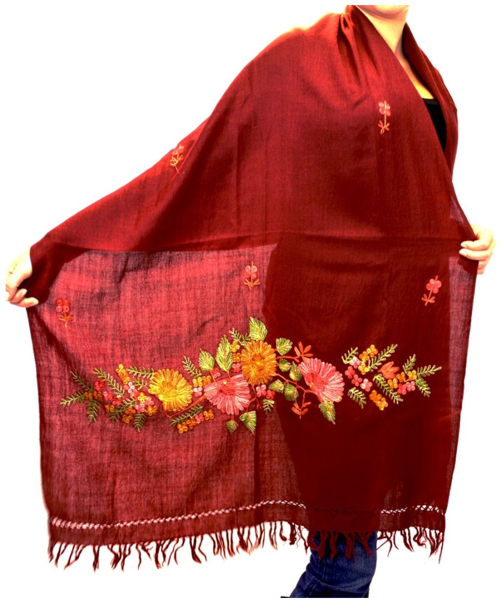 Elegant Maroon Hand Embroidered Kashmir Shawl Pashmina Scarf Stole Wrap For Women