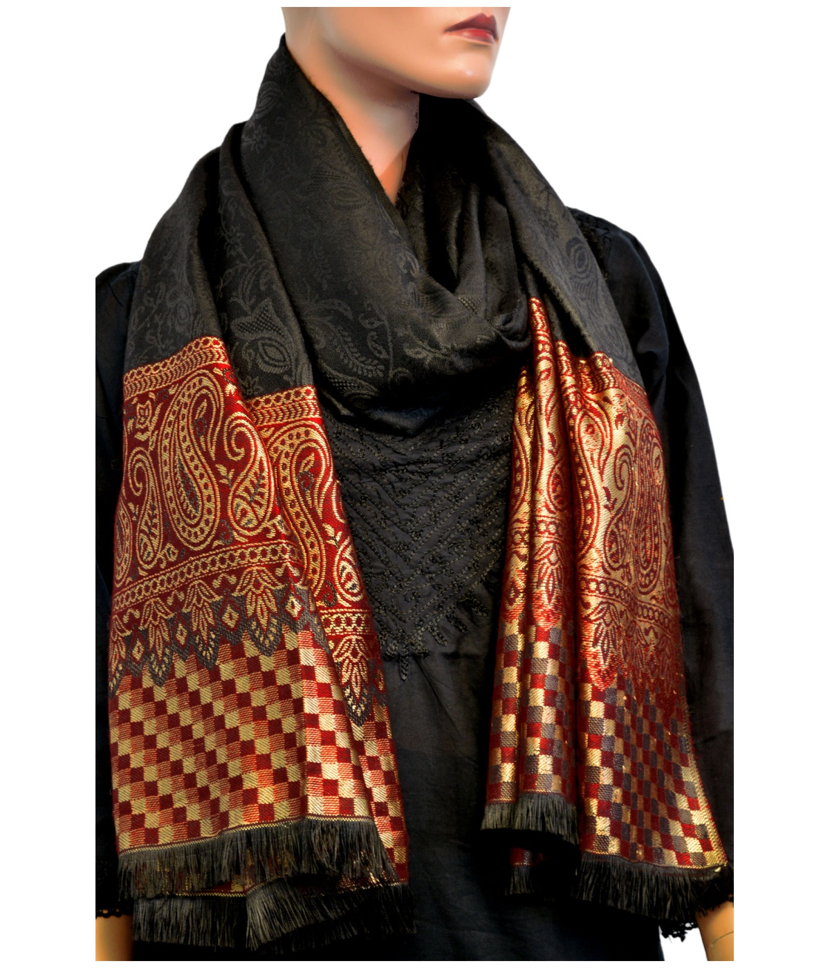 Indian Checkered Floral Golden Black Shawl Indian Checkered Floral Golden Black Shawl