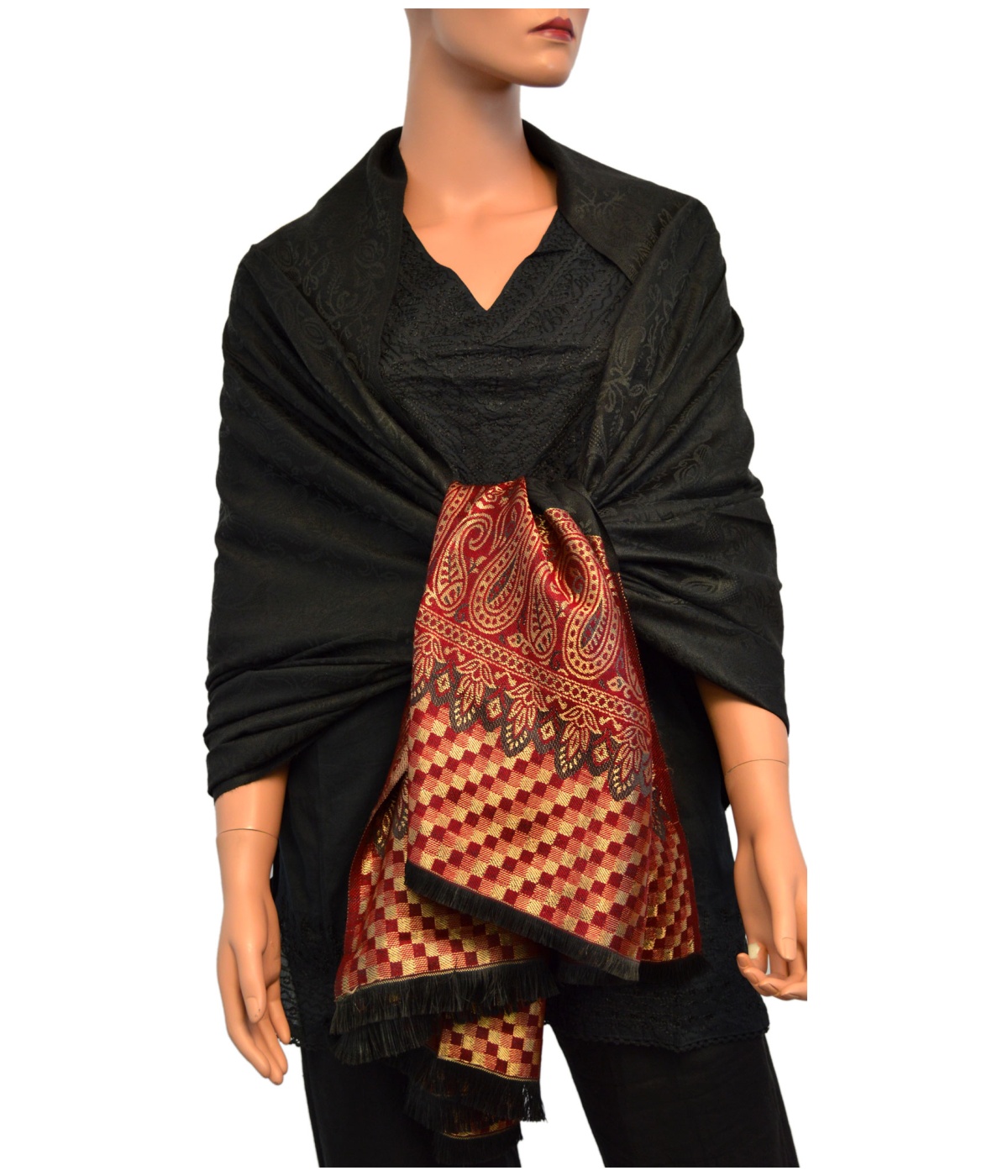 Checkered Floral Golden Black Indian Shawl