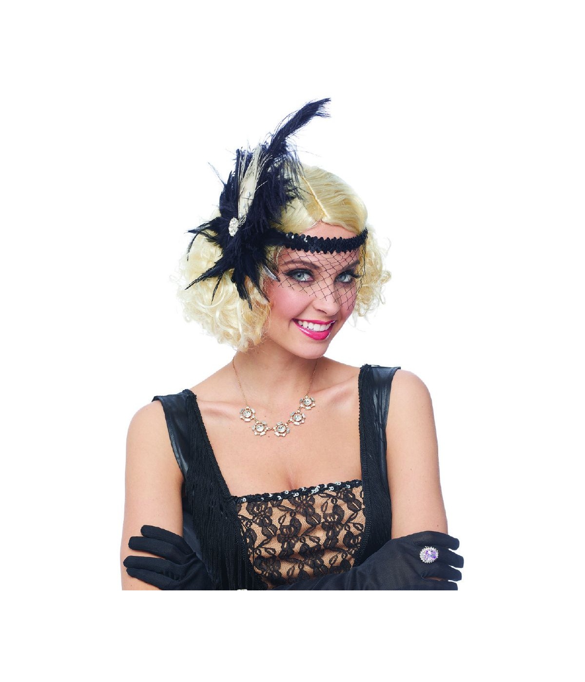 Womens Flapper Style Black Headpiece Deluxe