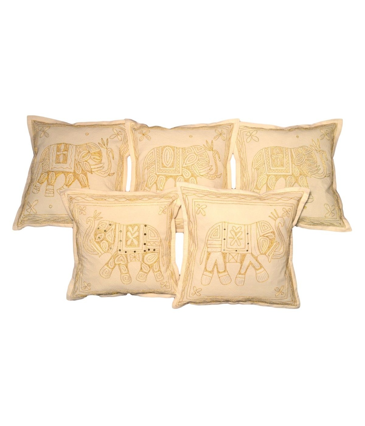 Ivory Cushion Covers With Gold Elephant Embroidery Pattern