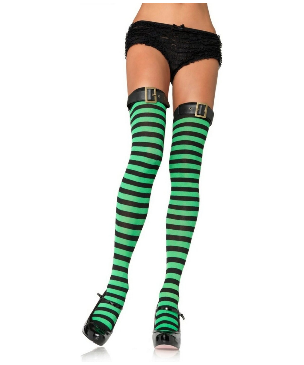 Green/black Striped Thigh Highs With Belt Buckle