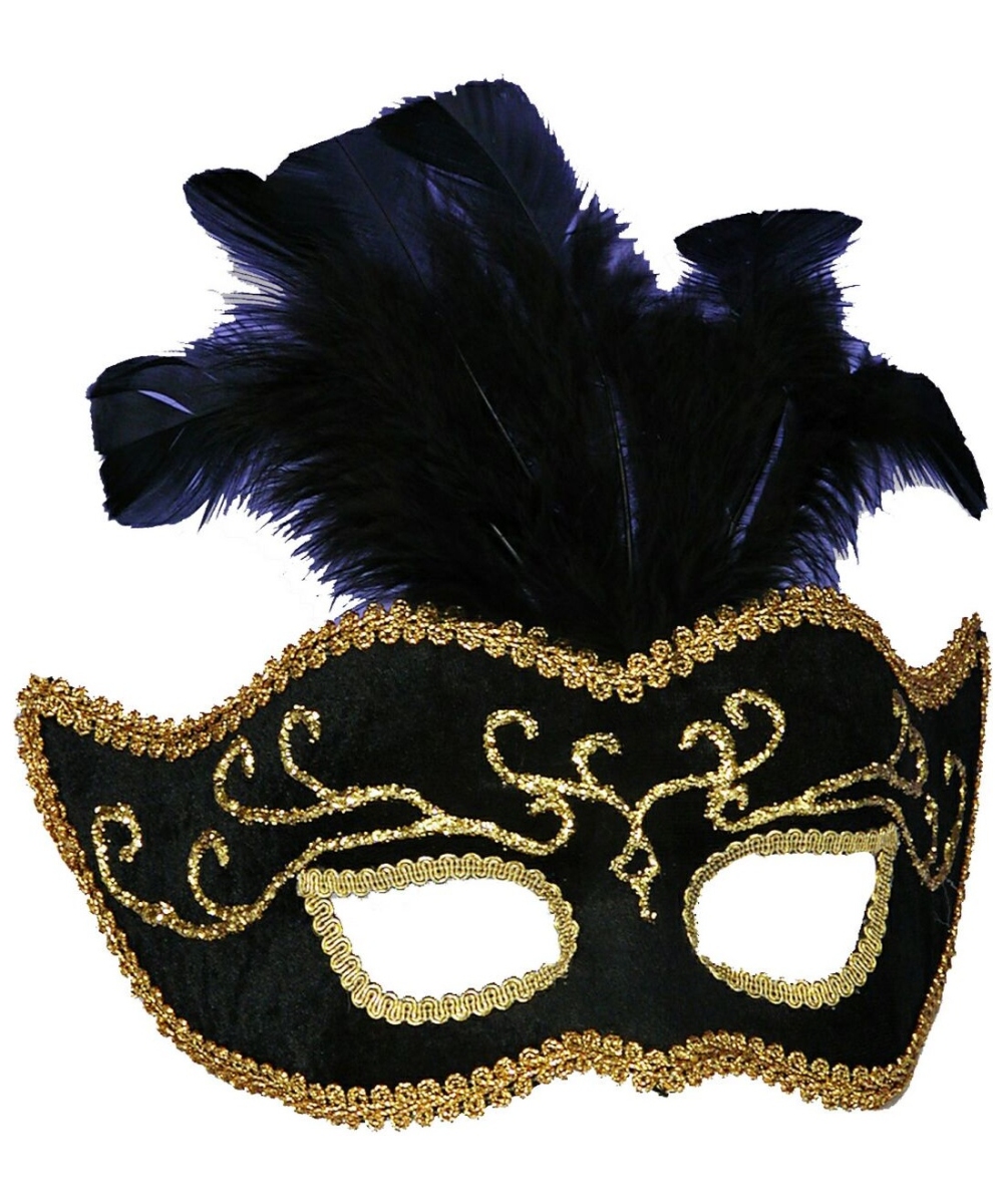 Black and Gold Mask with Feathers - Costume Mask