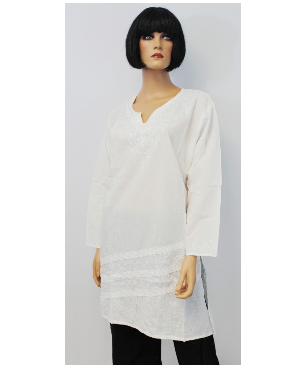 White Embroidered Bib Kurta Indian Woman Shirt Cotton Tunic - Indian ...
