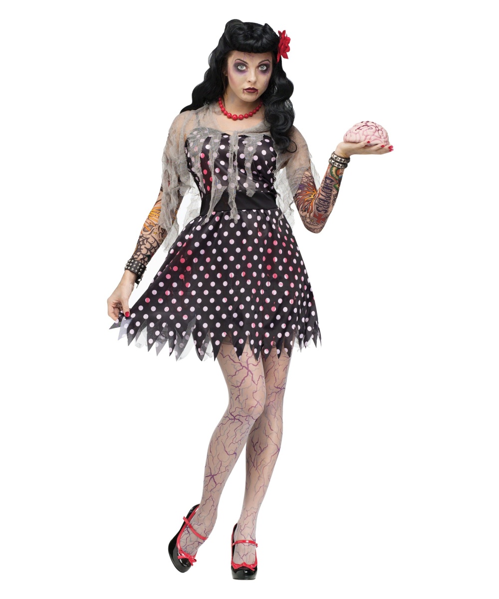 NEW Zombie Housewife Adult Women Costume Polka Dot Black Dress Forum Novelties 