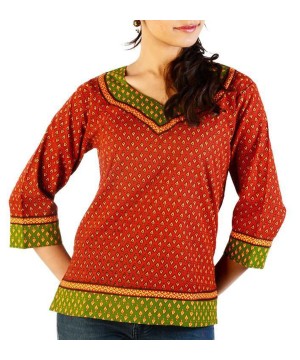 Indian Red Green Ethnic Hand Block Print Cotton Blouse