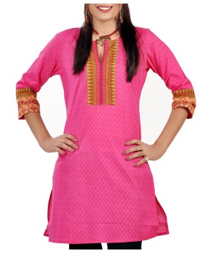 Hot Pink Printed Indian Pattern Cotton Kurti Blouse
