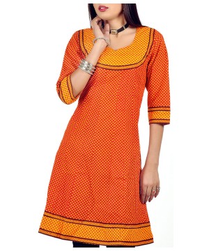 Orange Cotton Printed Indian Kurti Womens Blouse