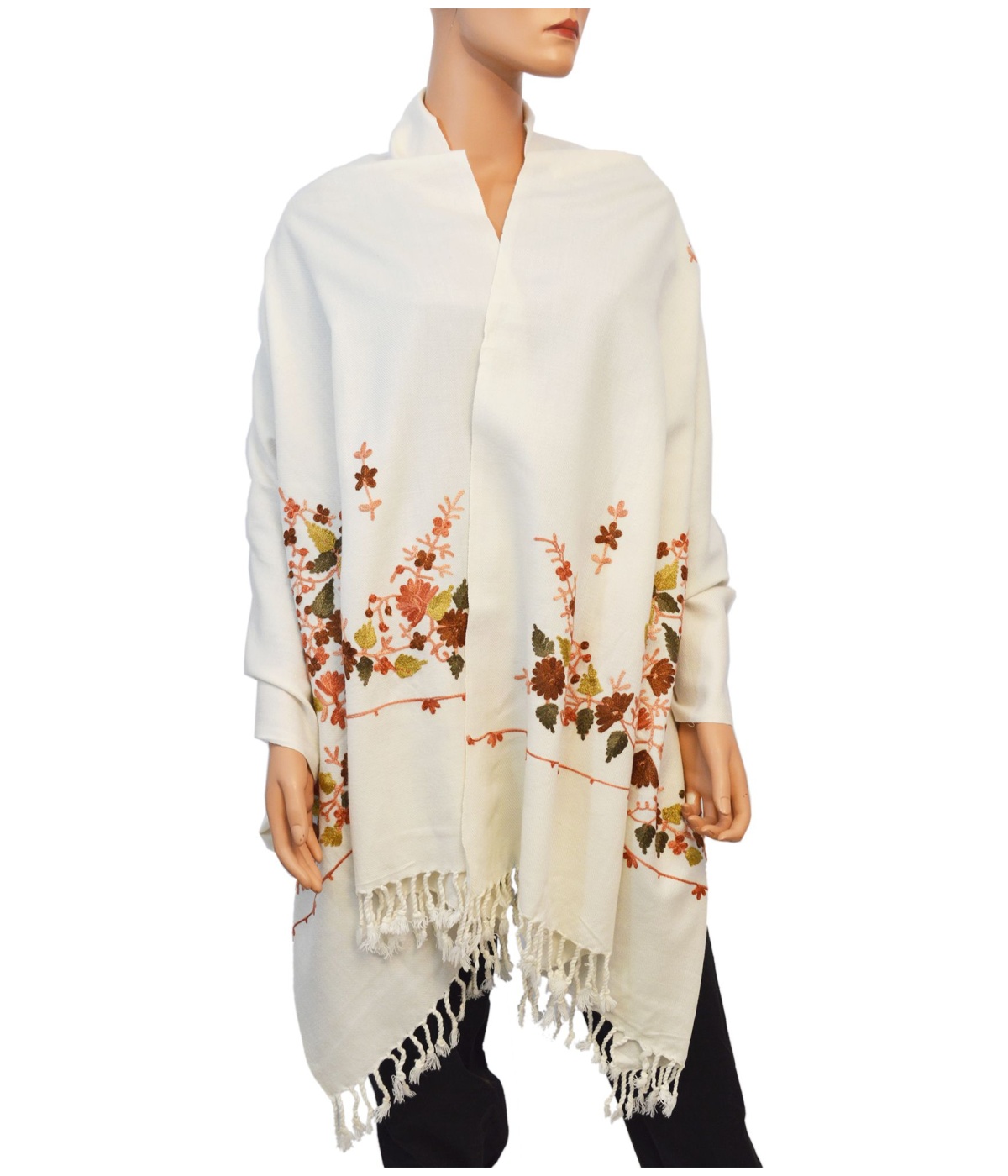  Floral Motif Cream Wool Shawl