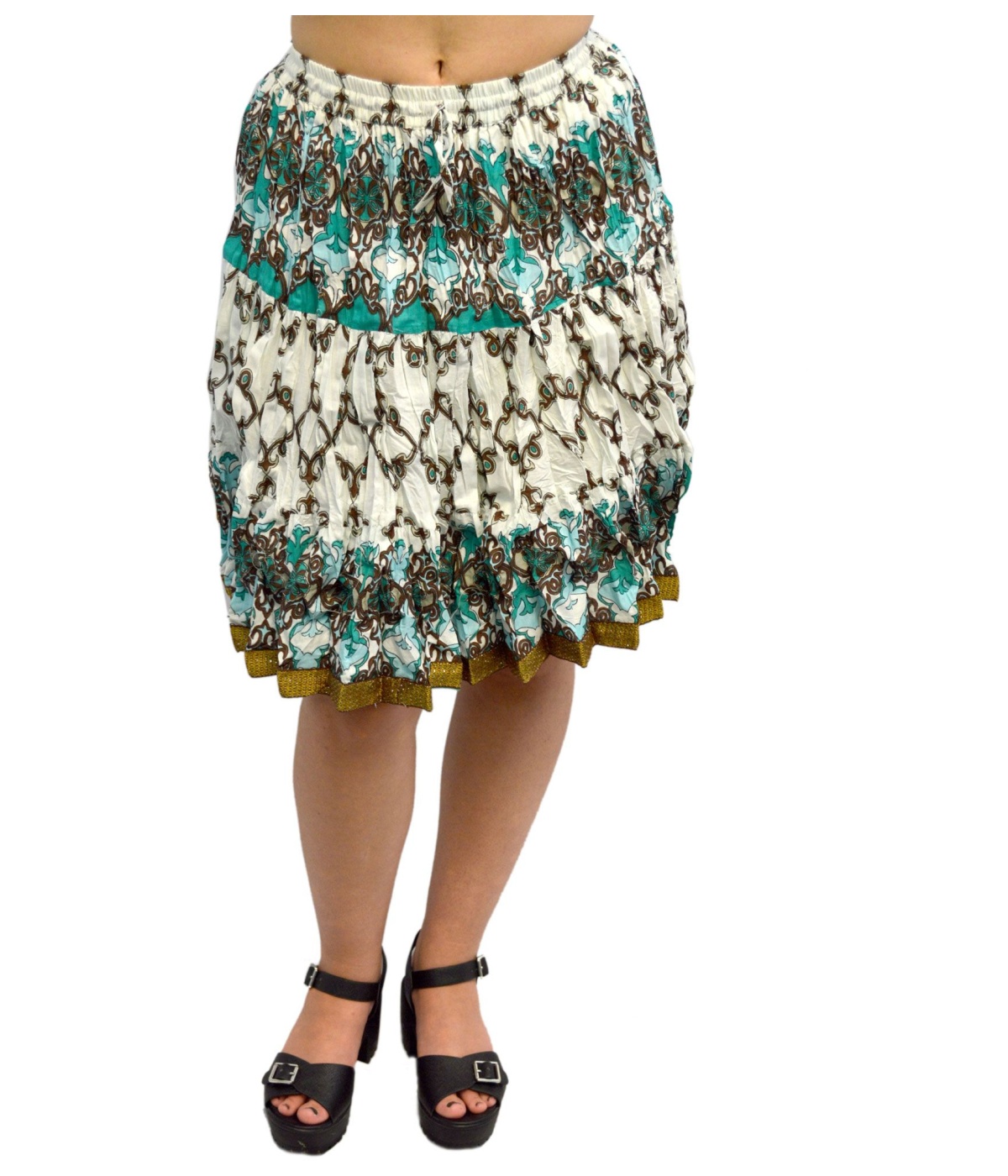 White and Sea Green Cotton Short Skirt - General Category