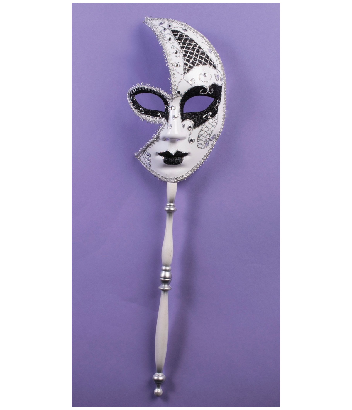 Silver and Black Half Mask with Stick - Masks