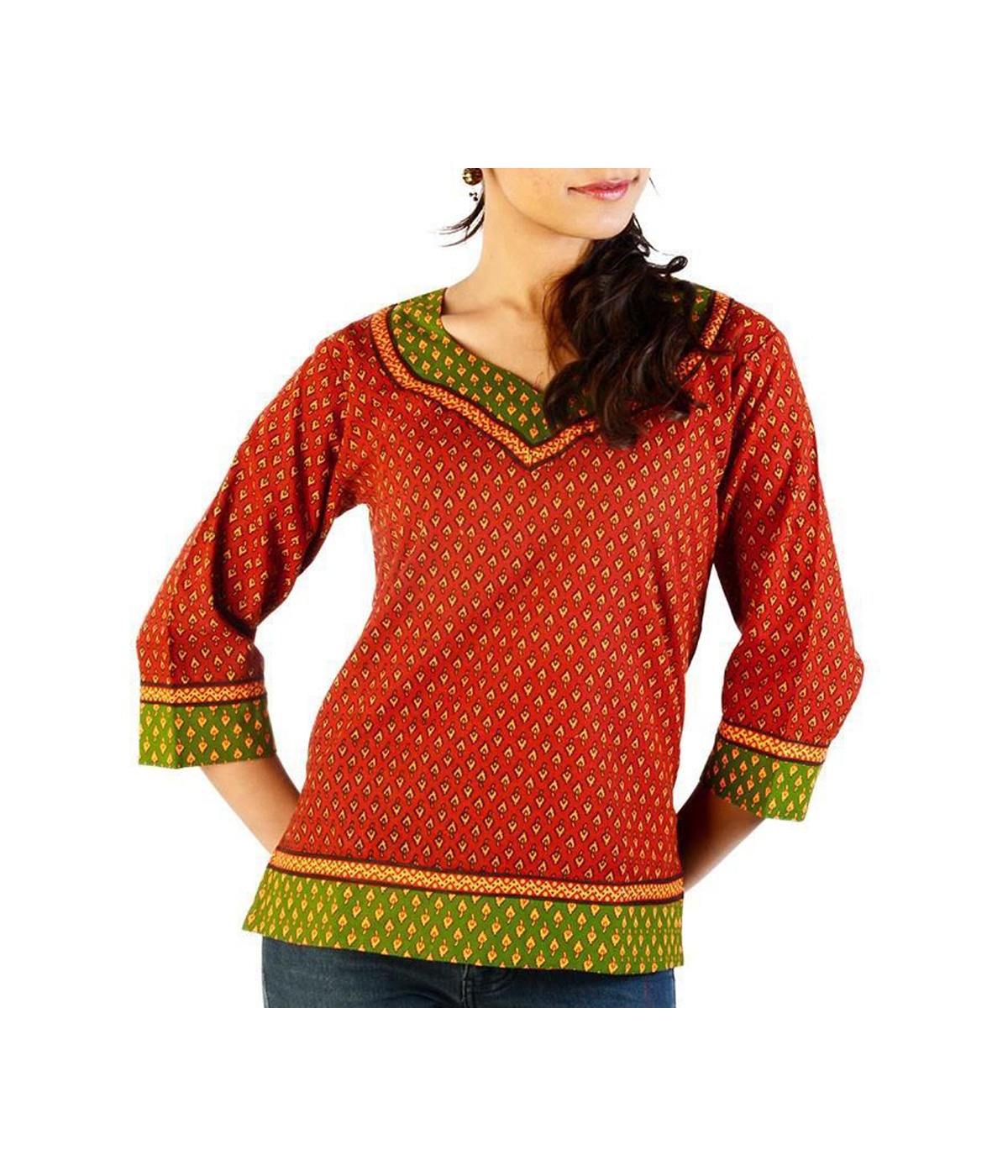 Indian Red Green Ethnic Hand Block Print Cotton Blouse