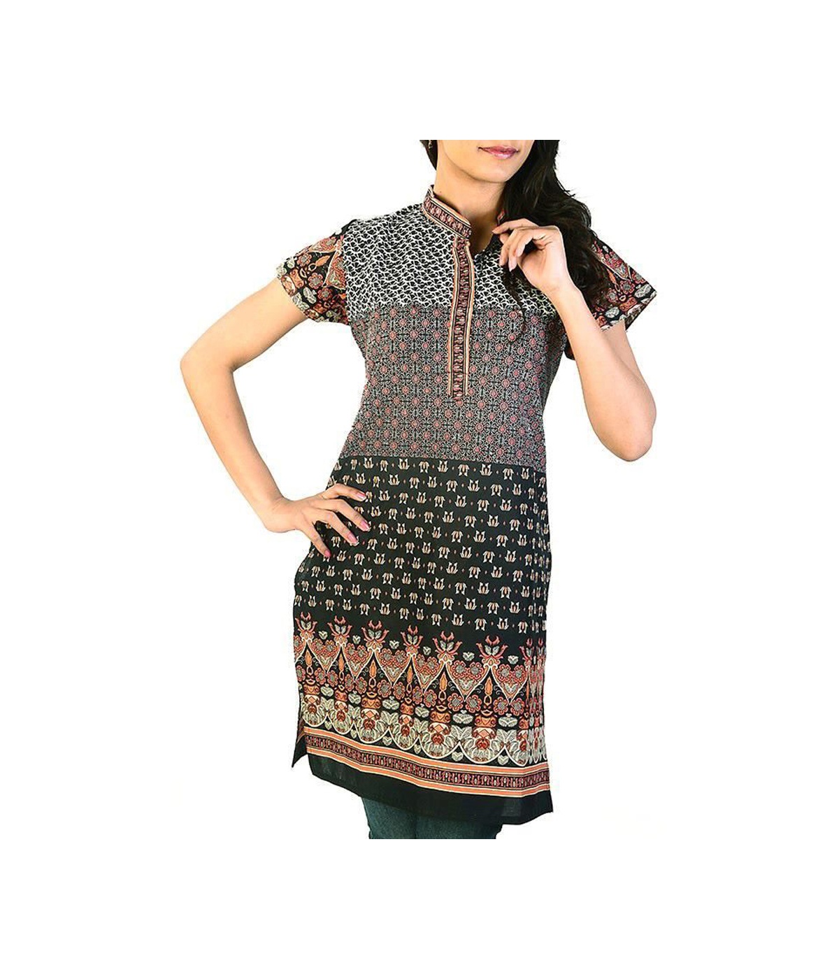  Indian Jaipuri Print Black Cotton Kurti