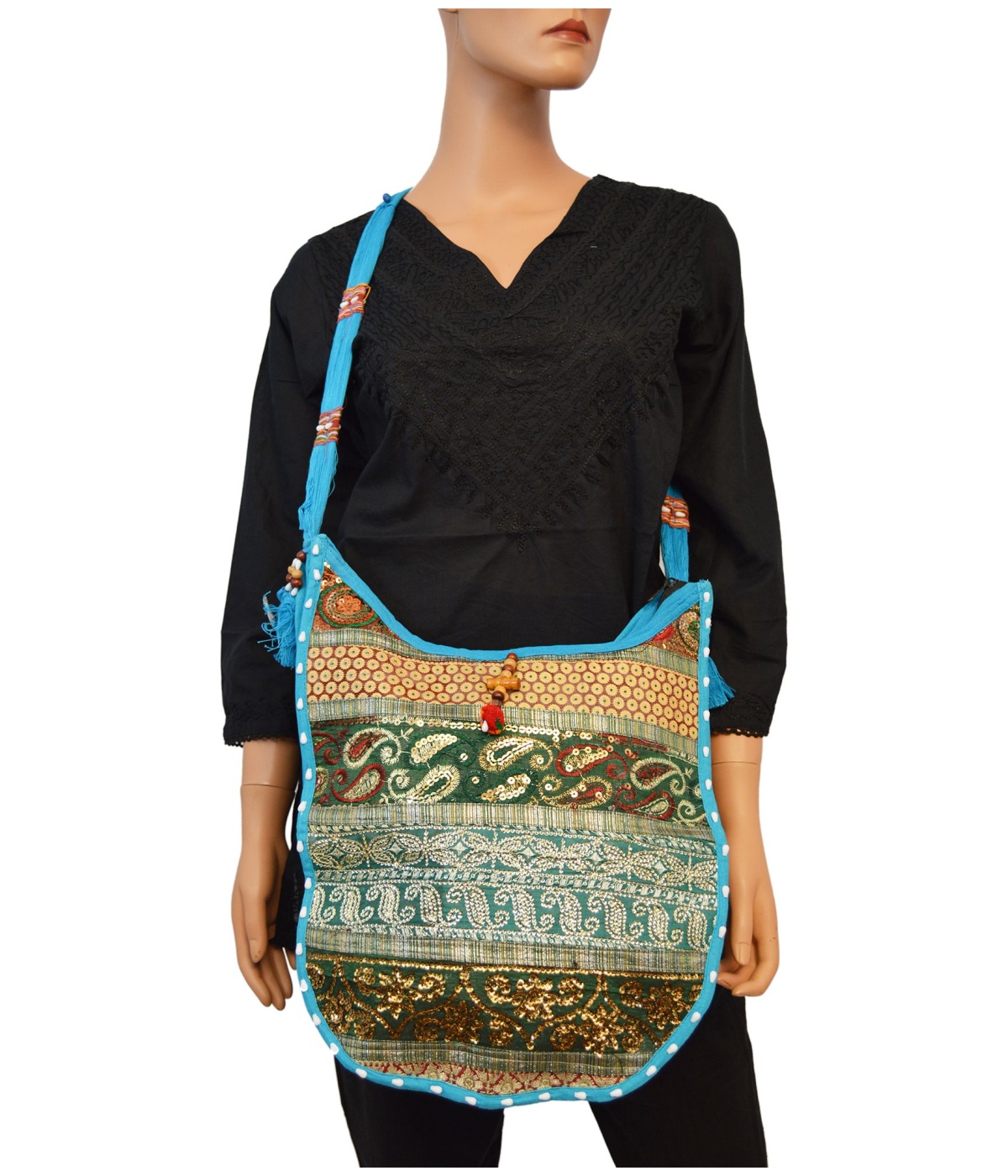  Sequined Blue Shoulder Indian Bag