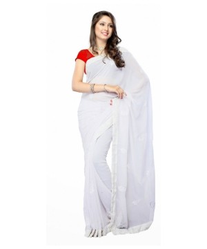 Bollywood Fancy White Georgette Sari With Red Blouse