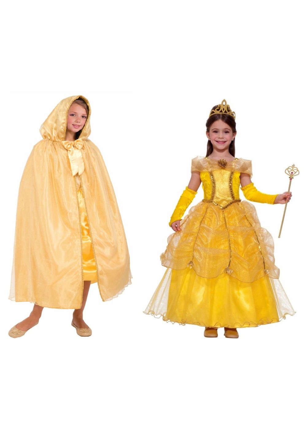 Kids Beauty And The Beast Belle Girls Costume And Gold Hooded Cape
