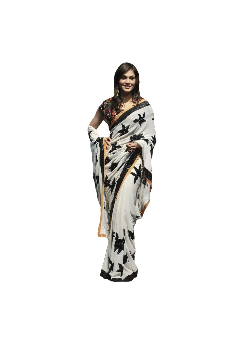 Bollywood Ivory Saree With Black Sequins