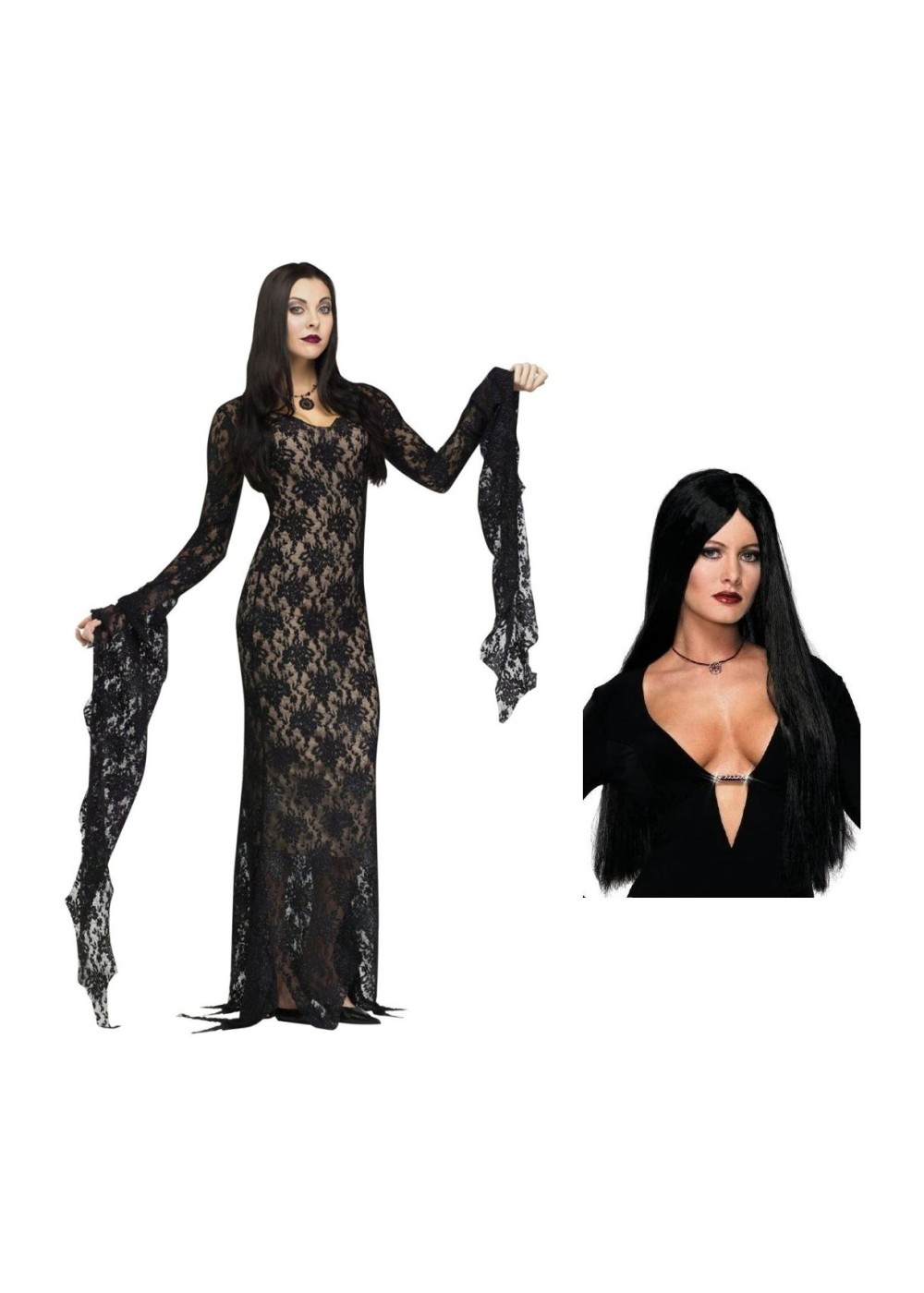 Morticia Adams Women Costume And Wig Set