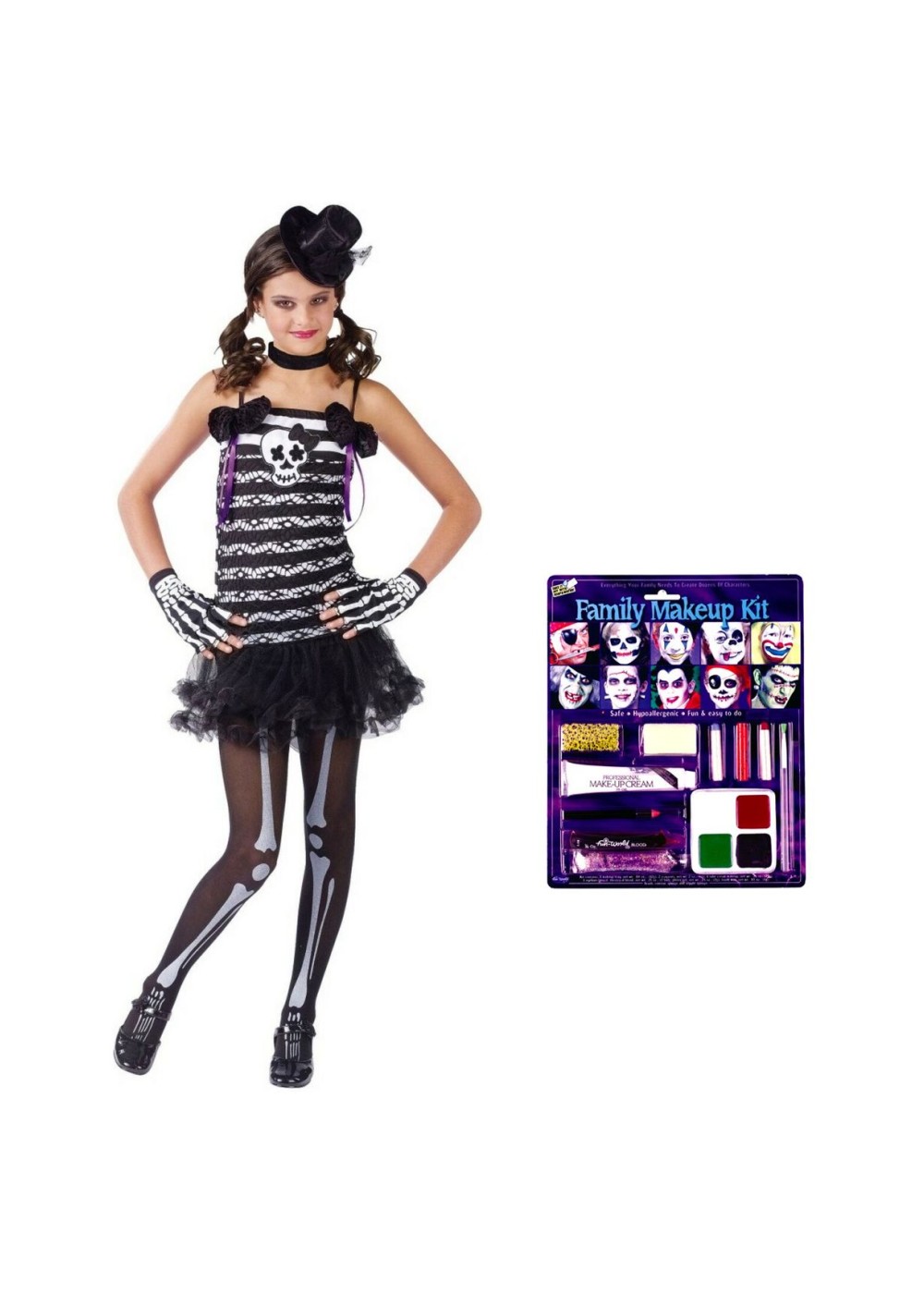 Kids Skeleton Sweetie Girls Costume And Makeup Set
