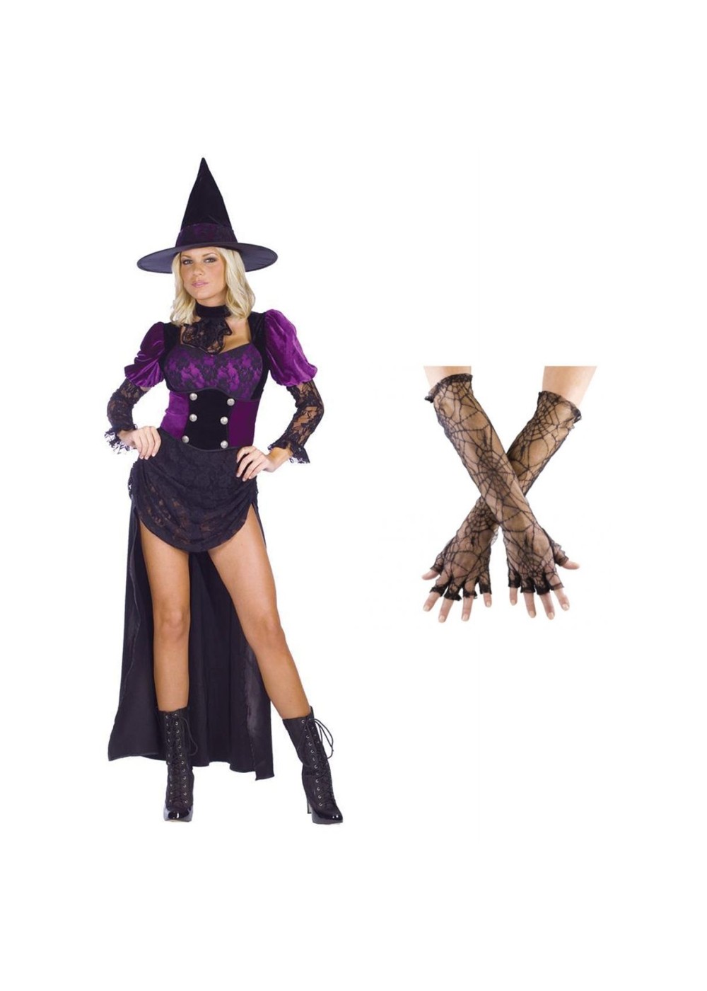 Witch Burlesque Women Costume And Spiderweb Gloves Set