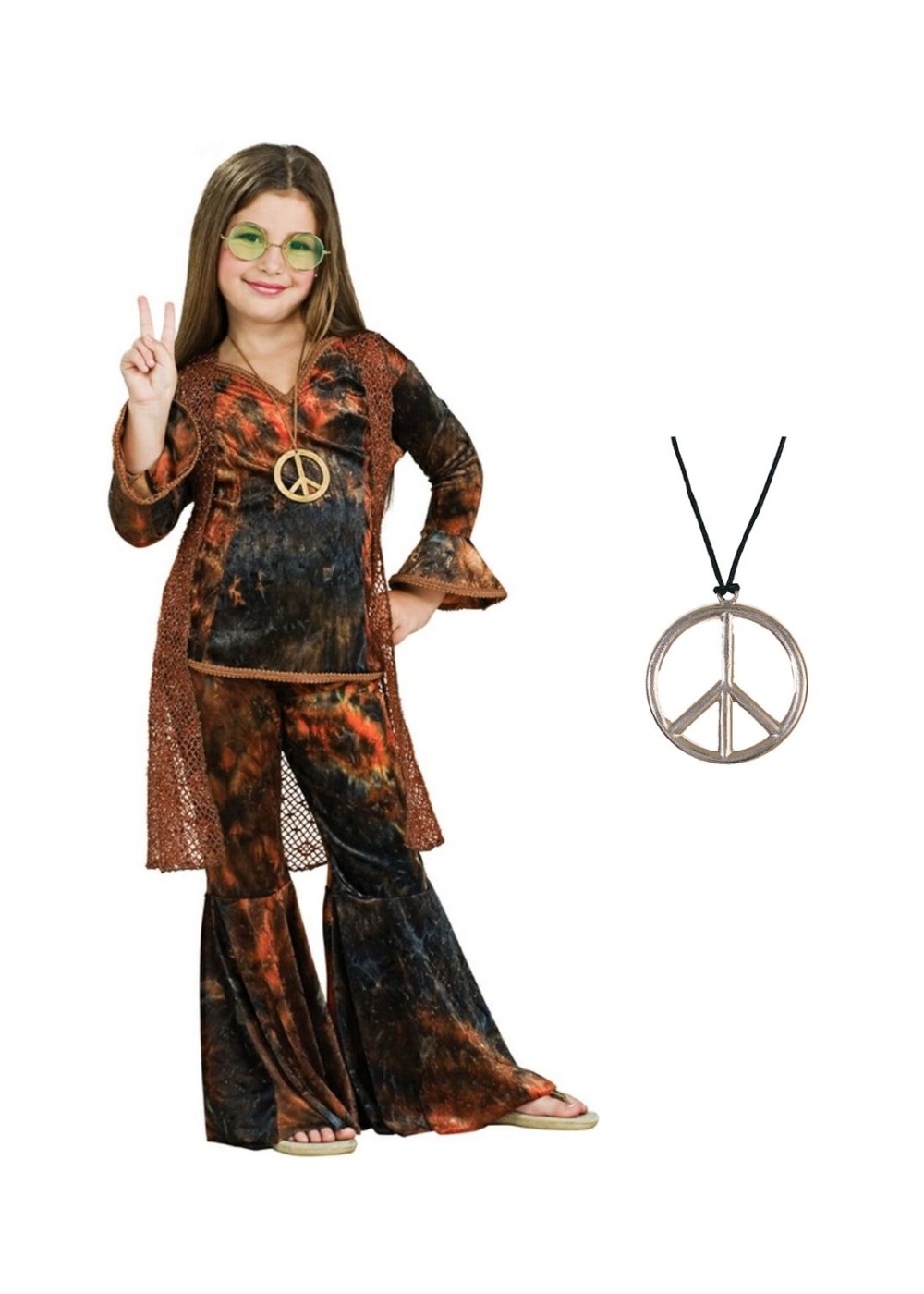 Kids Woodstock Girls Costume And Peace Medal Necklace