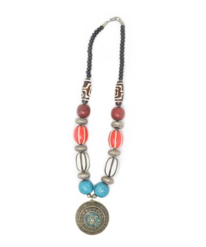 Multicolored Handmade Tibetan Necklace With Turquoise Brass Pendant