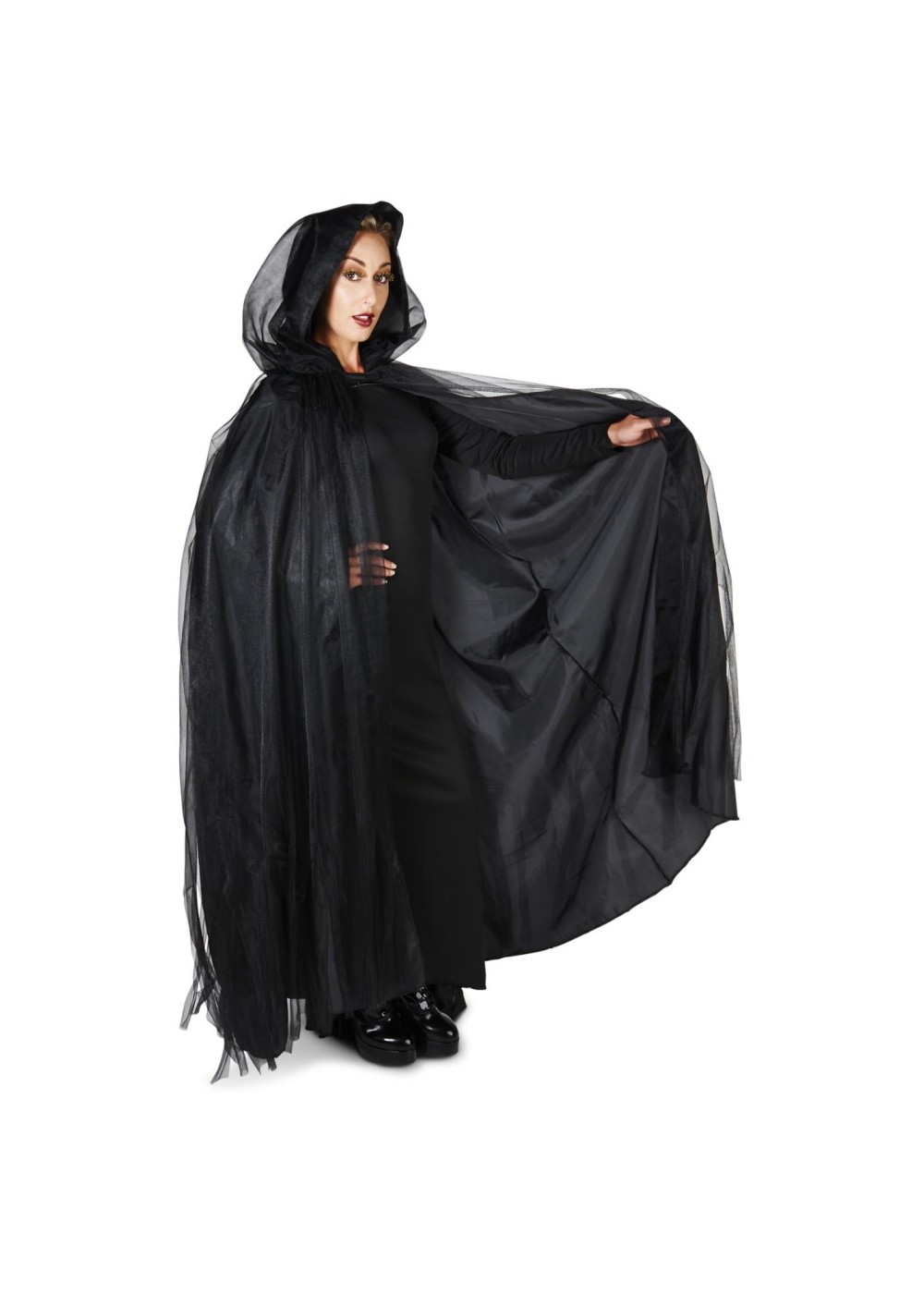 Black Hooded Womens Mesh Cloak