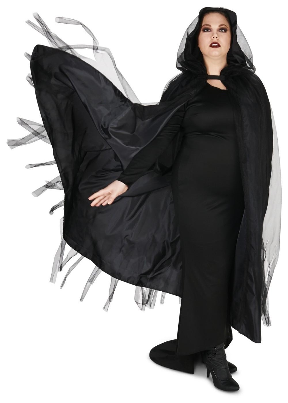 Black Hooded Womens Plus Mesh Cloak