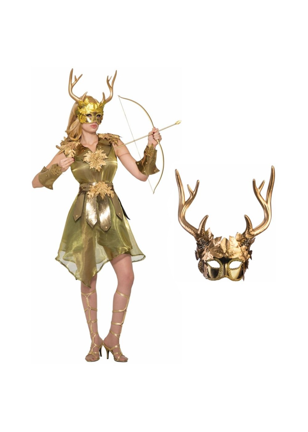 Green Huntress Women Costume And Gold Faun Mask