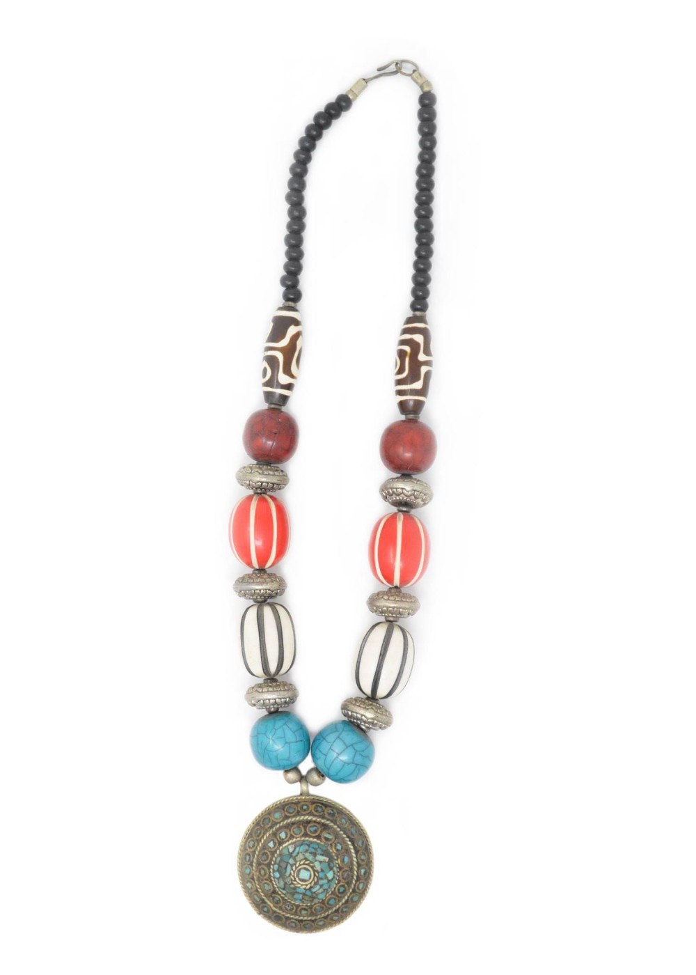 Multicolored Handmade Tibetan Necklace With Turquoise Brass Pendant