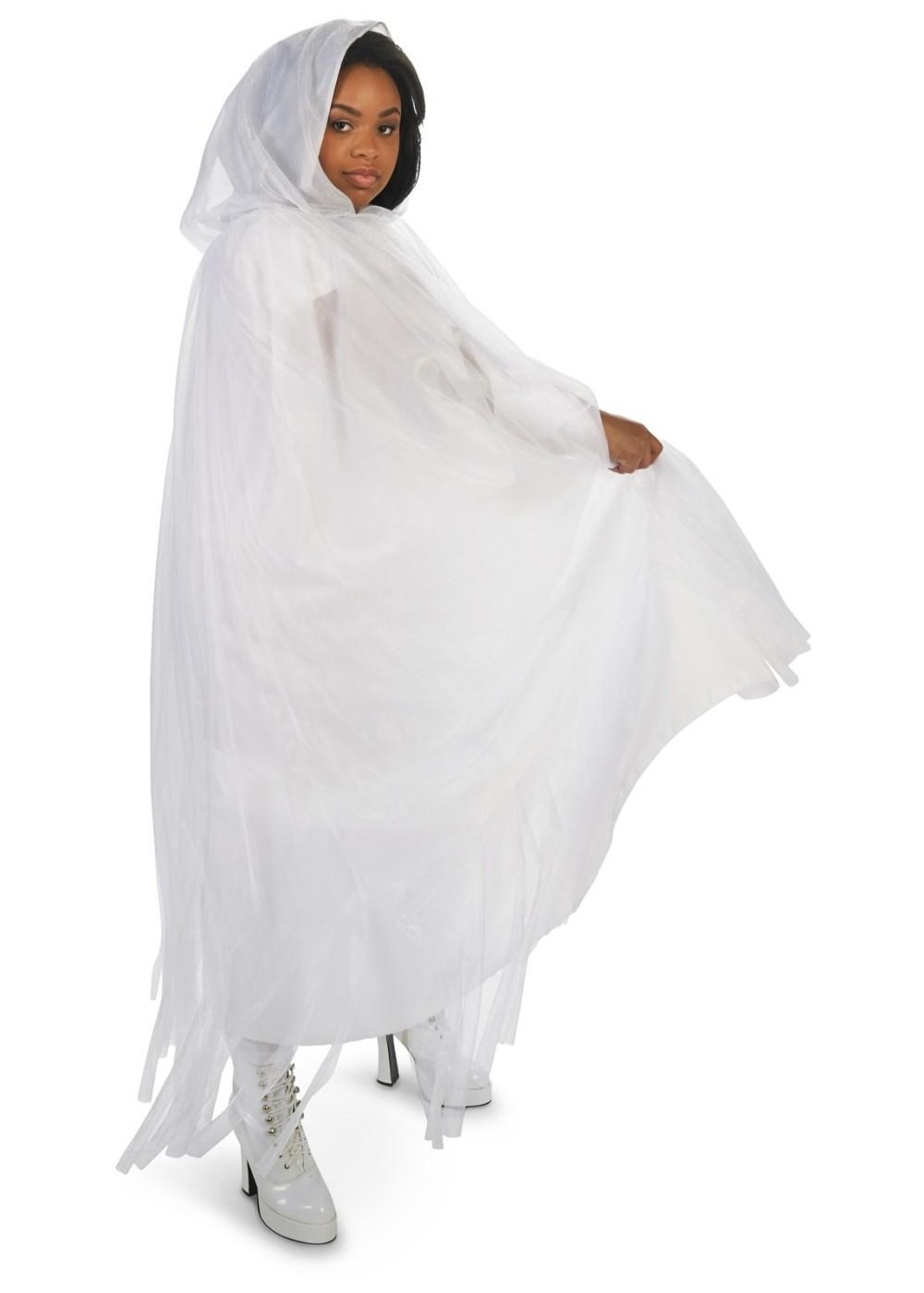 White Hooded Womens Plus Mesh Cloak