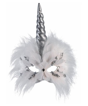 White and Silver Feather Unicorn Half Mask