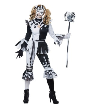 Women's Black and White Creepy Jester Costume - Mardi Gras Costumes