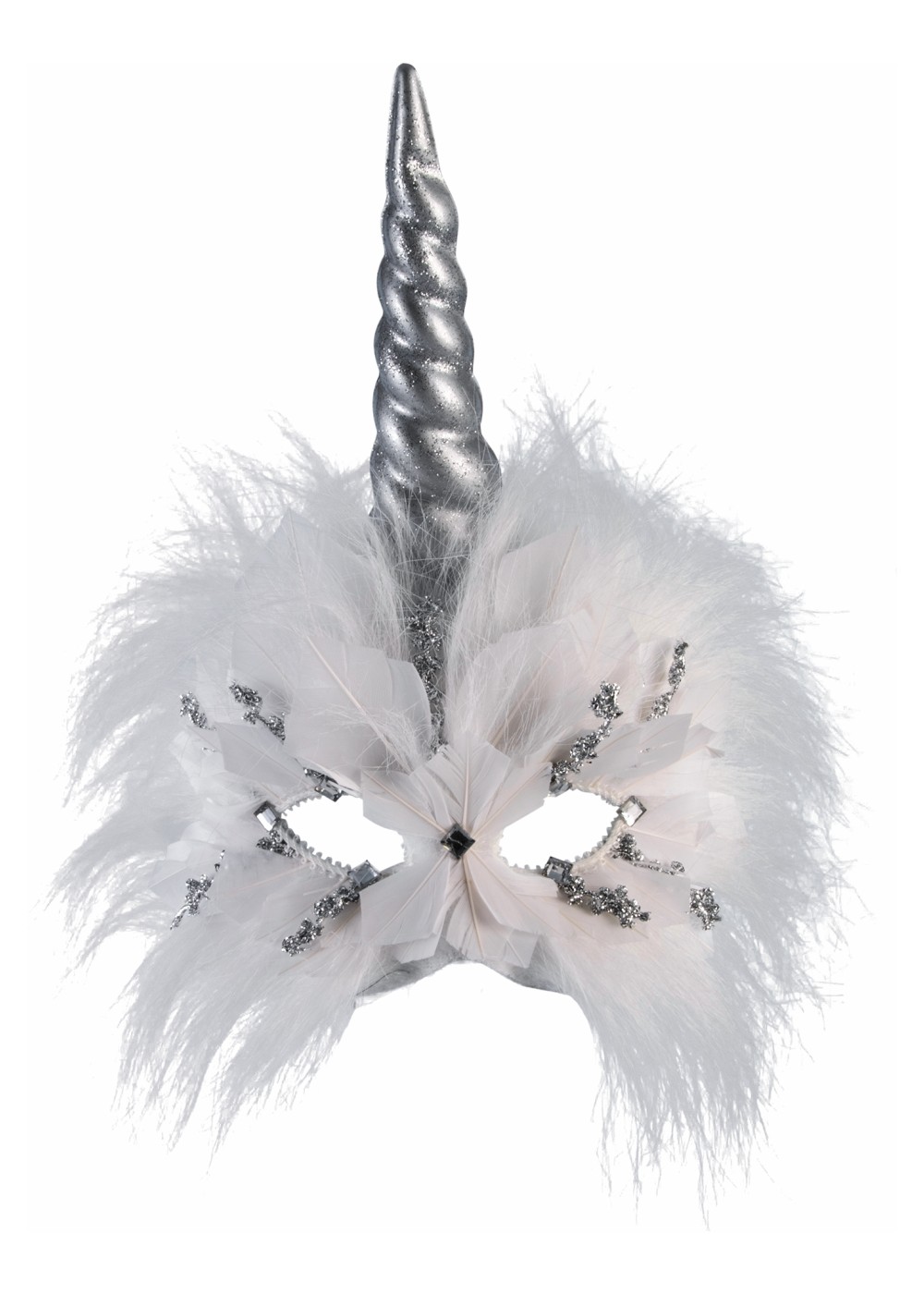 White And Silver Feather Unicorn Half Mask
